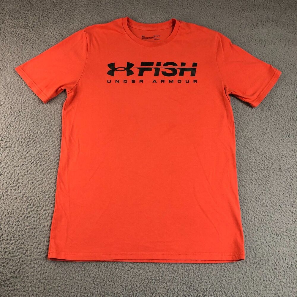 Under Armour Shirt Mens Medium Orange Tee Heatgear Sports Fish Logo Spell Out